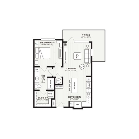 Floor plan for 1 bed, 1 bath, 715 sqft